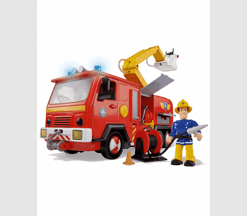 Red fire truck toy with extendable ladder, hose reel, and firefighter figure holding a hose.