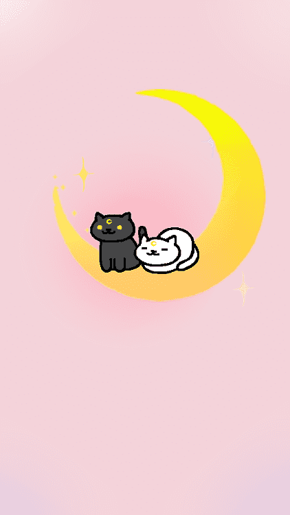 Two cute cartoon cats-one black, one white-resting on a glowing yellow crescent moon against a soft pink background with sparkles.