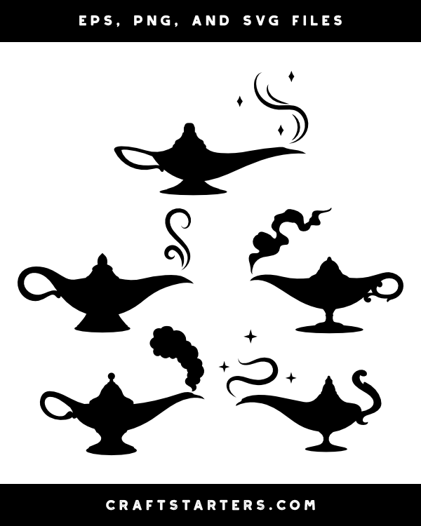 Five black silhouette variations of a magical genie lamp with smoke and stars, in EPS, PNG, and SVG formats.