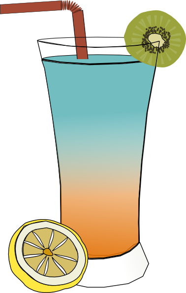 A vibrant layered tropical drink in a tall glass with a red straw, garnished with kiwi and lemon slices.