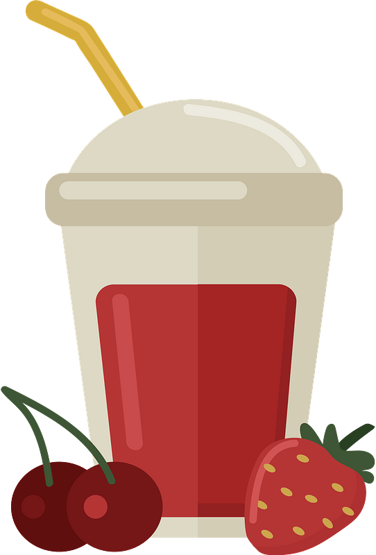 A creamy red fruit smoothie in a cup with a straw, flanked by fresh cherries and a strawberry.