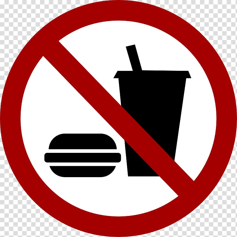 No food or drink allowed sign featuring a hamburger and cup with straw crossed out by red circle and slash.