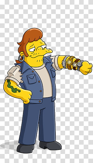 A Simpsons-style animated character with orange hair, leather jacket, tattoos, and multiple wristbands pointing forward.
