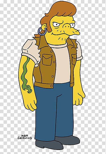 A yellow-skinned Simpsons-style biker character with a mullet, ear gauge, green tattoo, brown vest, and blue jeans.