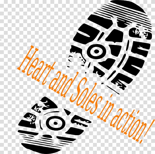 Black hiking boot sole prints with orange text "Heart and Soles in action!" on transparent background.