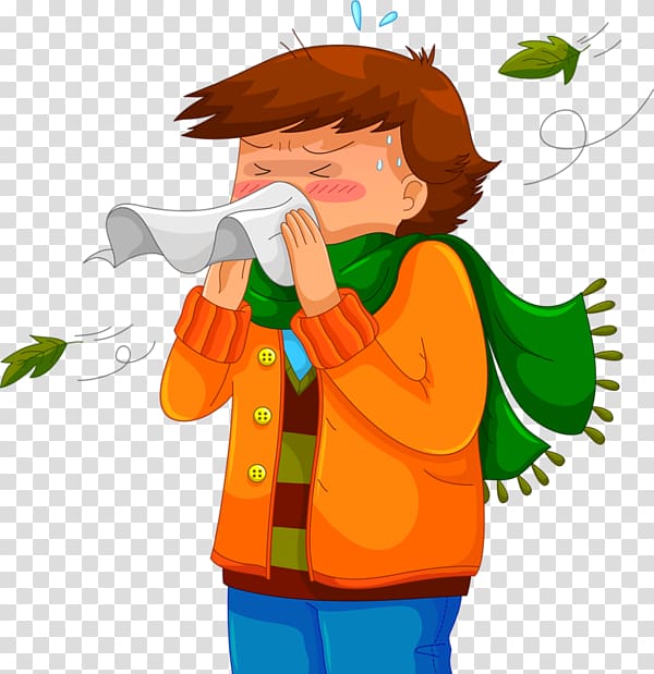 A cartoon boy in an orange coat and green scarf sneezes into a tissue while wind blows leaves around him, showing cold or allergy symptoms.