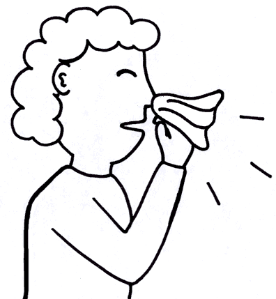 Person with curly hair sneezing into a tissue, illustrated in black-and-white line art.