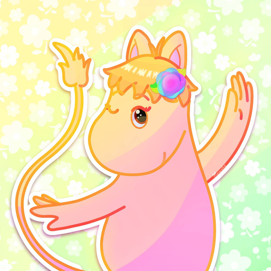 A cheerful pastel-colored cartoon creature with a flower crown, waving happily against a floral background.