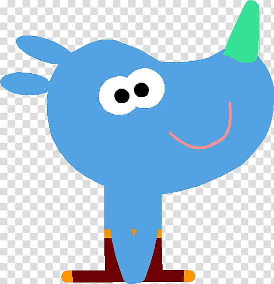 Blue cartoon rhino with green horn, smiling face, and brown boots on transparent background.