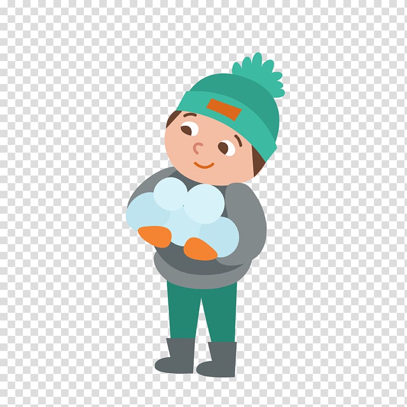 A smiling child in winter clothes holding a snowball, wearing a teal beanie and gray sweater.
