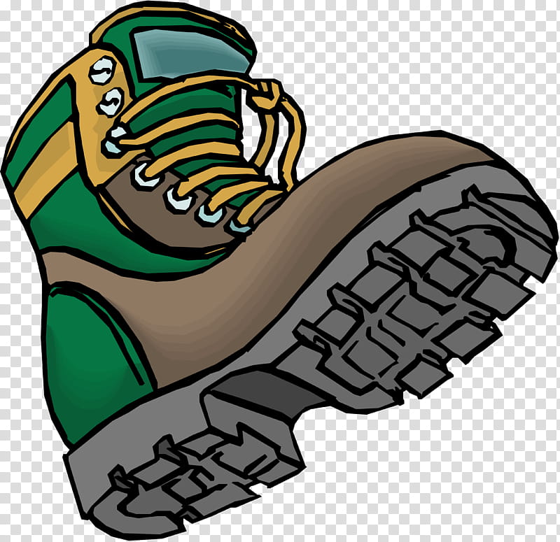 Green and brown hiking boot with yellow laces and deep-tread sole, illustrated in cartoon style.