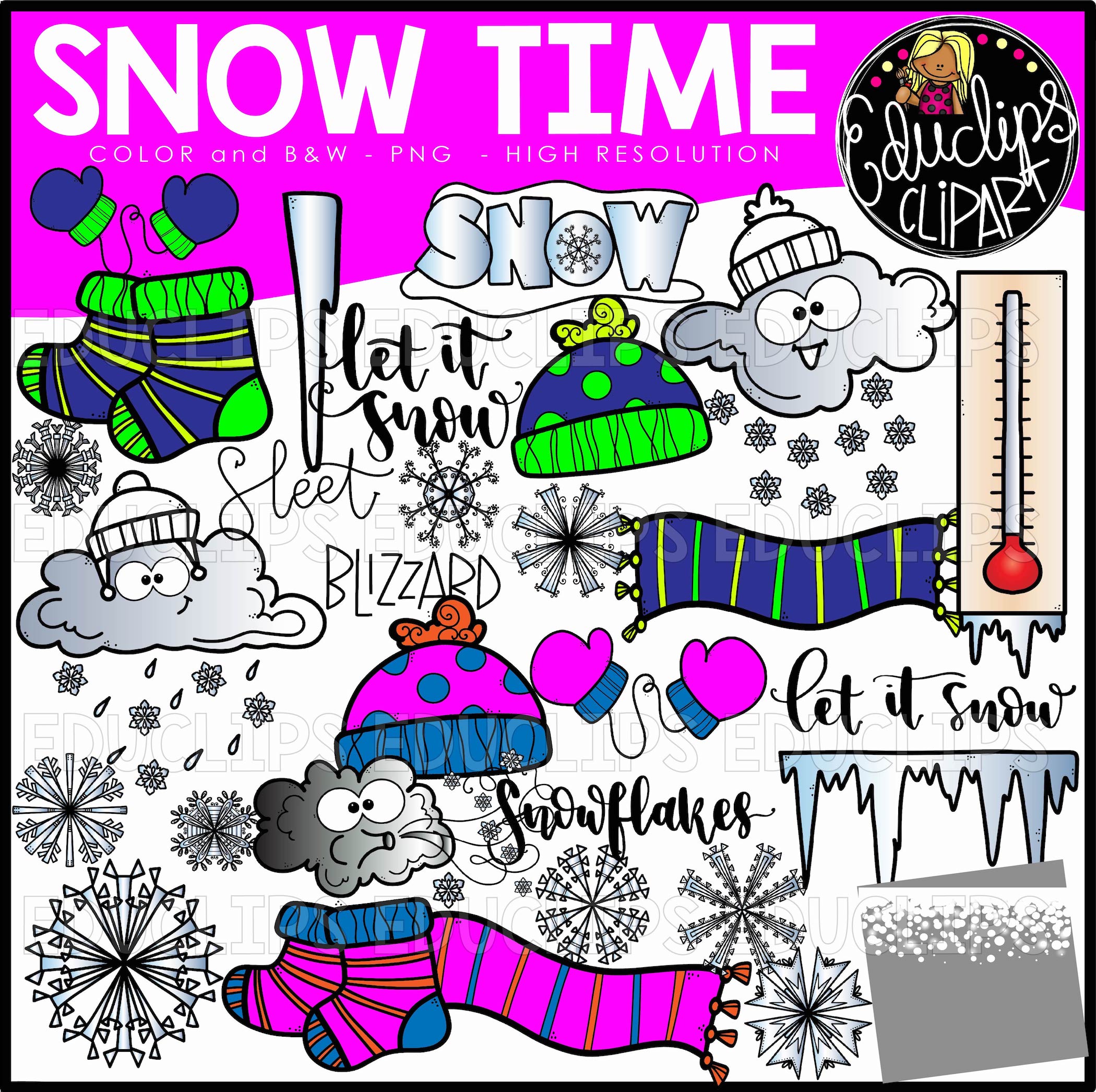Colorful winter clipart set with snowflakes, mittens, hats, scarves, clouds, thermometer, icicles, and "let it snow" text.