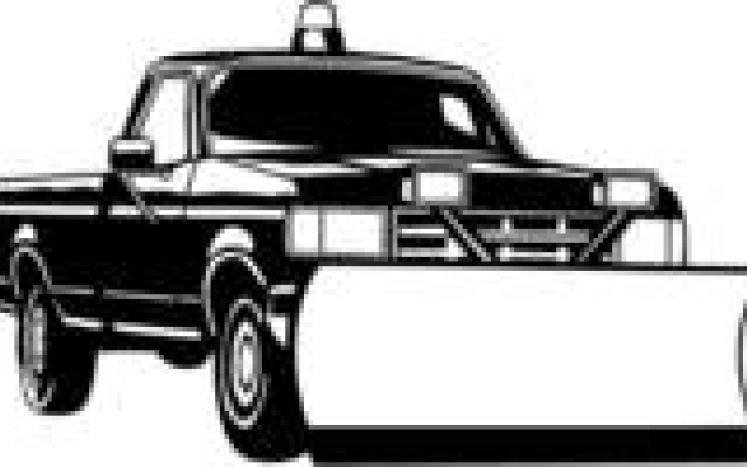 Black-and-white illustration of a pickup truck equipped with a front-mounted snowplow and roof-mounted light bar.