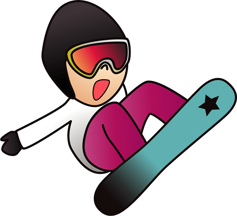 Cartoon snowboarder in pink pants and red goggles mid-air with teal board and black star.