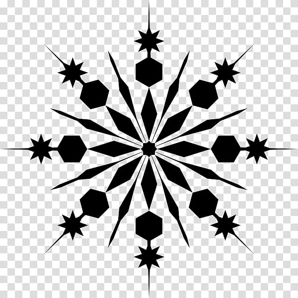 Black stylized snowflake with geometric star and hexagon motifs on transparent background.