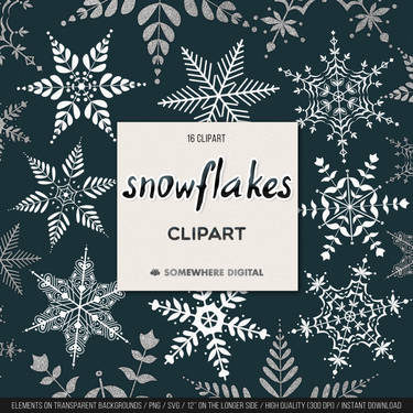 White ornate snowflake clipart set on dark teal background, 16 transparent PNG/SVG elements by Somewhere Digital.