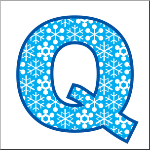Blue uppercase letter Q filled with white snowflake and dot pattern on white background.