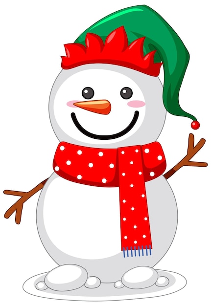 Cheerful snowman wearing green elf hat, red polka-dot scarf, and smiling warmly.
