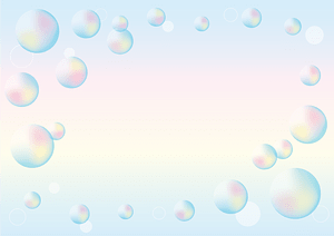 Soft pastel gradient background with iridescent soap bubbles framing the edges.
