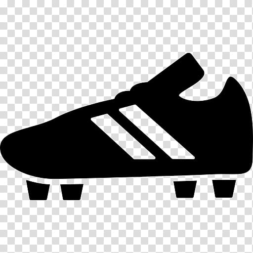 Black soccer cleat icon with three white stripes and studs, stylized silhouette on transparent background.