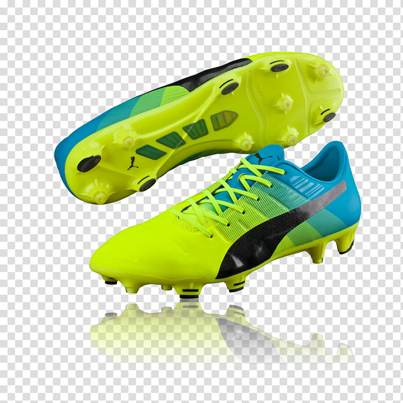 Vibrant neon yellow and blue Puma soccer cleat with black formstrip, shown from side and sole view on transparent background.