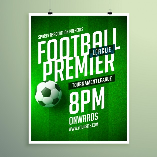 Football Premier League tournament poster with green field background, soccer ball, and event details at 8 PM.