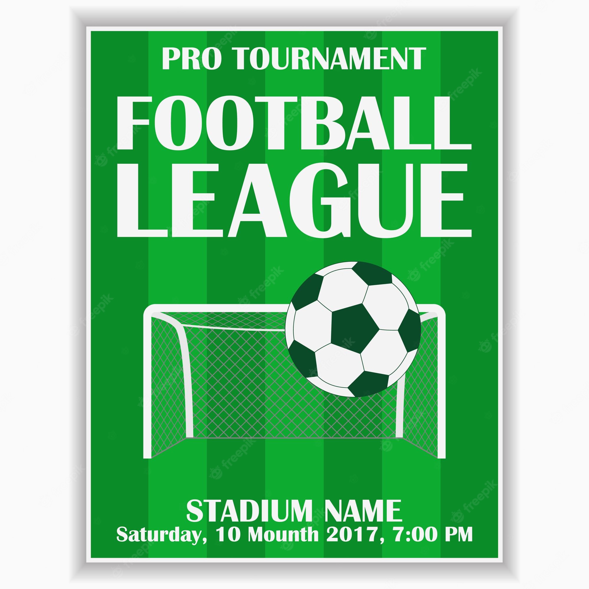 Green striped football league poster with ball in goal, stadium name, and event date/time.