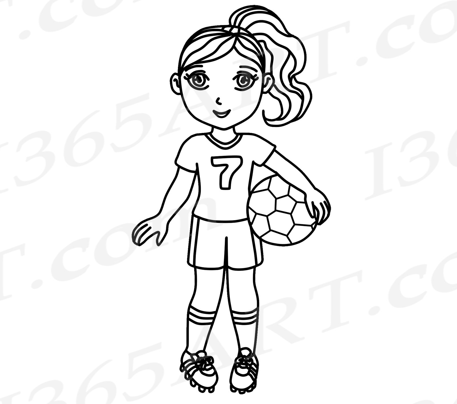 A cartoon girl soccer player with ponytail, jersey number 7, holding a soccer ball and wearing cleats.