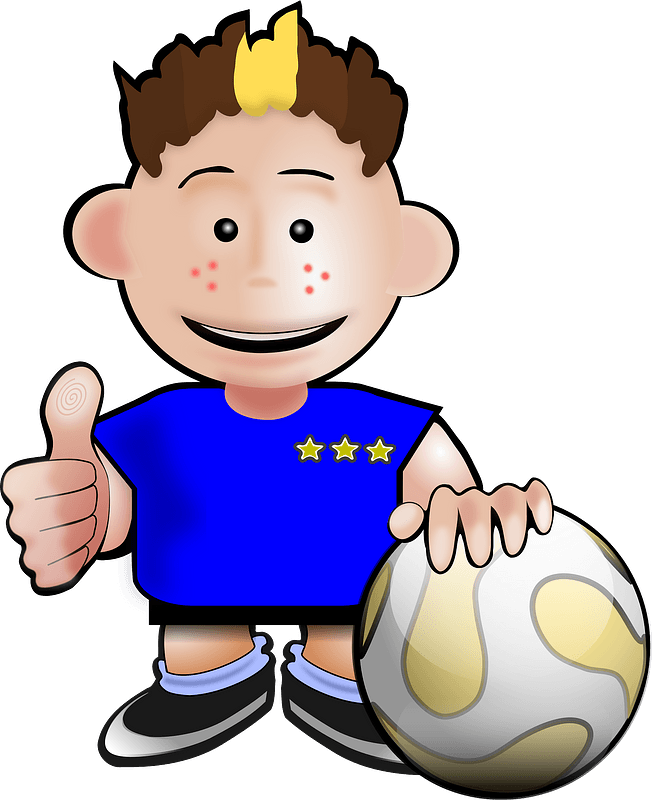 Smiling cartoon boy in blue jersey with three stars, holding soccer ball and giving thumbs-up.