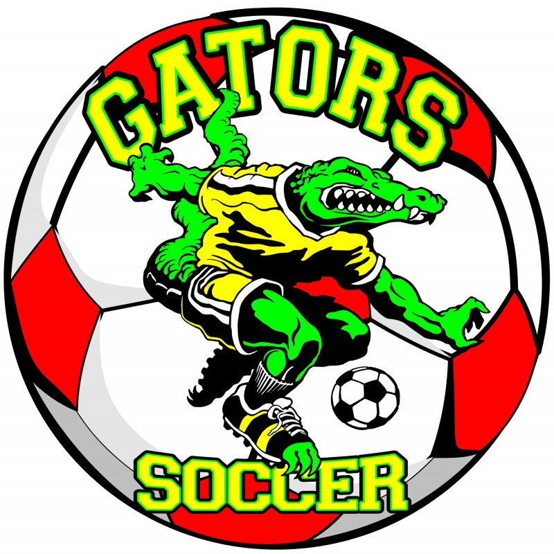 Gators Soccer logo featuring a green alligator in yellow jersey kicking a soccer ball inside a red-and-white soccer ball design.