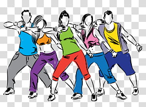 Five diverse people dancing energetically in colorful workout attire, arms linked in synchronized motion.