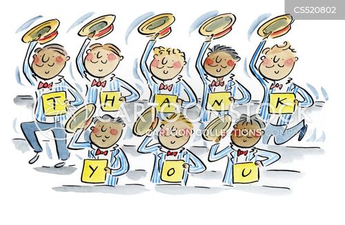 Thank You Cartoon Illustration - Friendly Waiter Group Saying Thanks