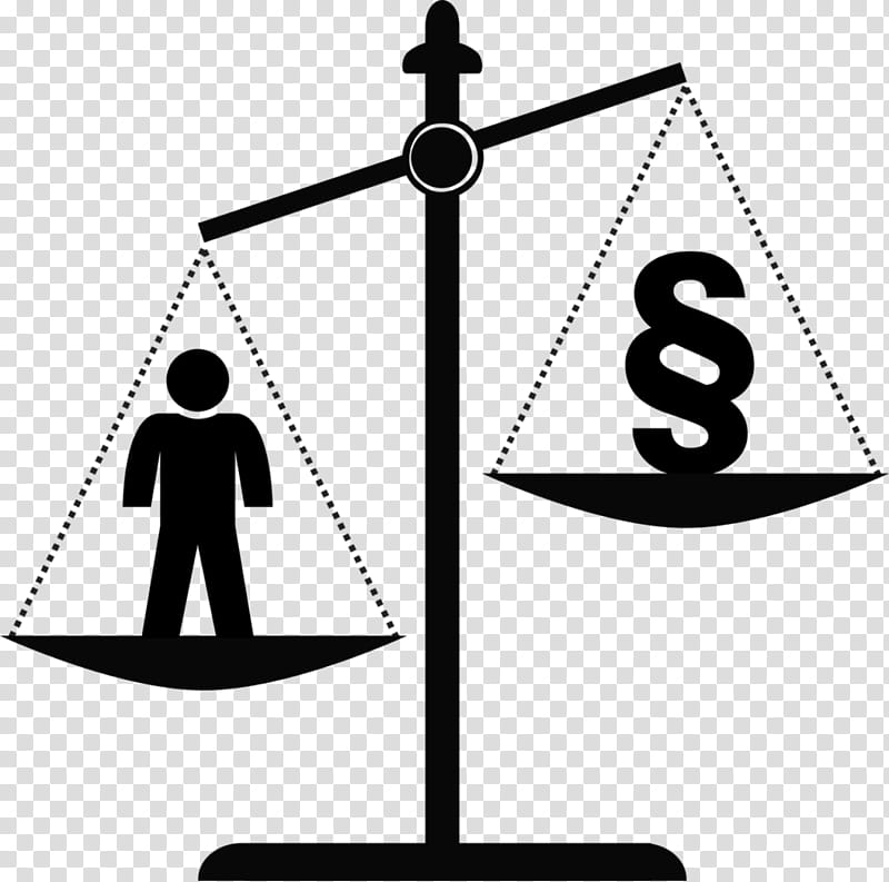 A black-and-white scale with a person icon on the left pan and a paragraph symbol (§) on the right, tilted toward the law symbol.