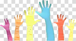 Six colorful rubber gloves shaped like raised hands against a transparent background, symbolizing unity, safety, or celebration.