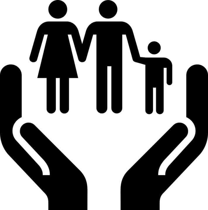 Two hands cradling a family of three-mother, father, and child-in silhouette form, symbolizing protection and care.