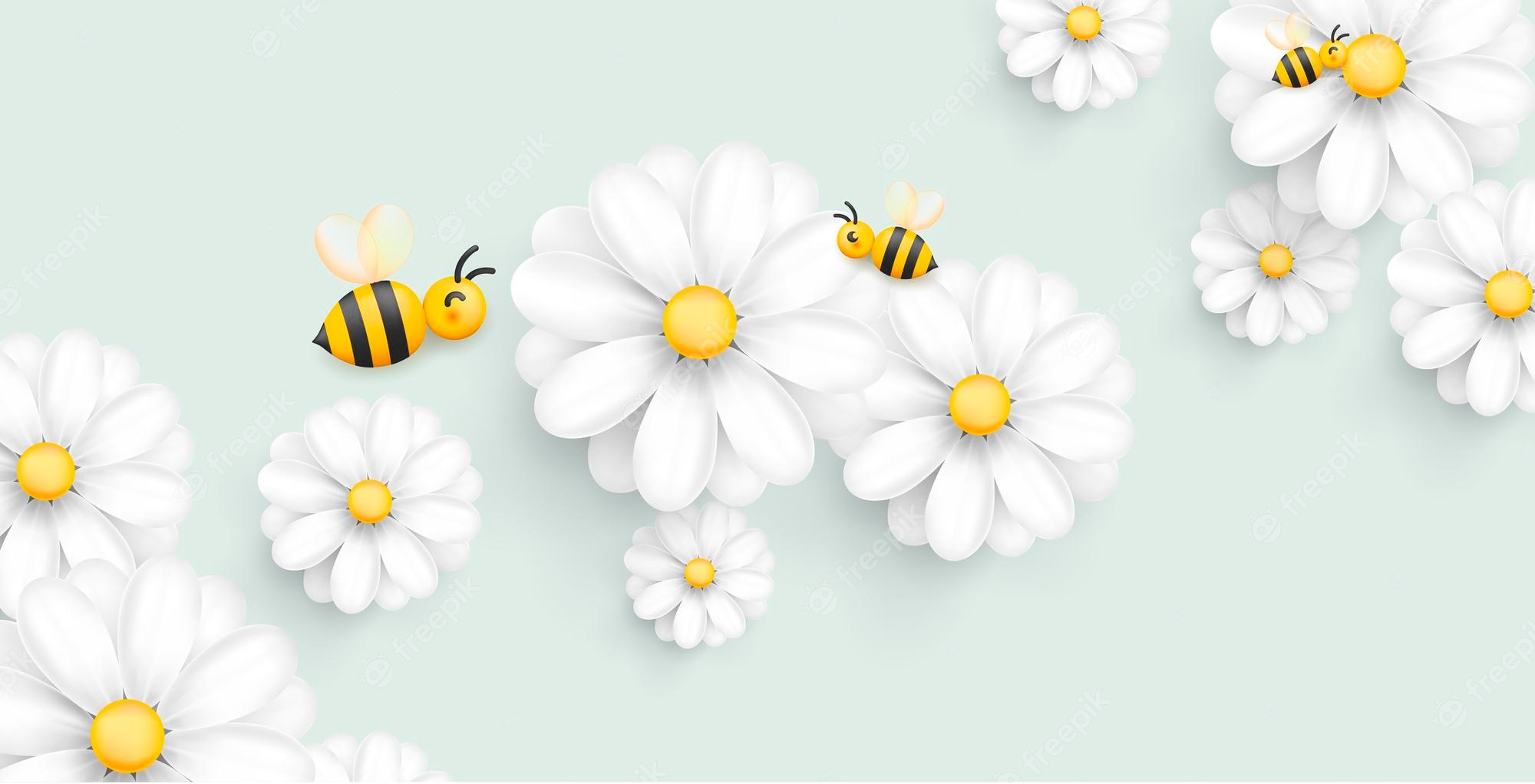 Cute cartoon bees flying among white daisies with yellow centers on a soft mint background.