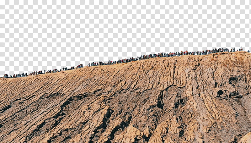 A crowd of people standing along the ridge of a rugged, eroded earth hill under a transparent background.