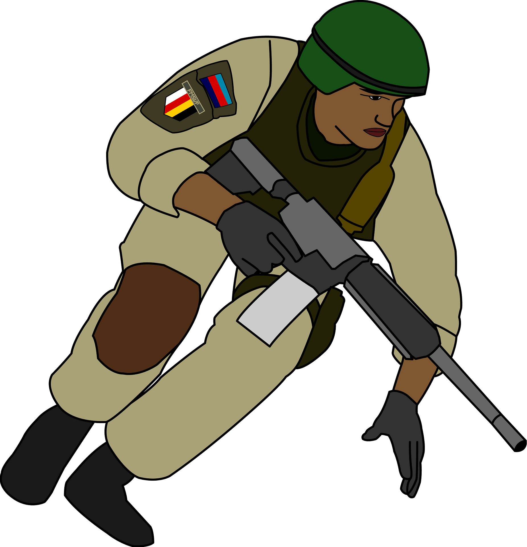 Soldier in tan combat uniform with green beret, holding rifle, shoulder patch shows German and Russian flags with "FMSUF" text.