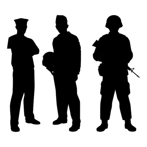 Silhouettes of three military personnel: sailor, officer, and soldier with helmet and rifle.