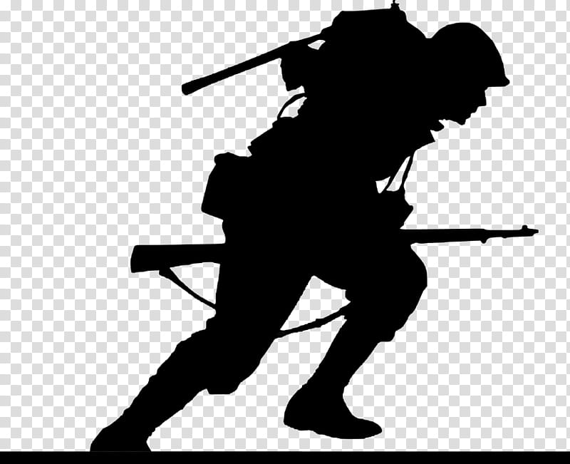 Silhouette of a soldier in combat gear advancing with rifle and backpack, depicted in high-contrast black against transparent background.