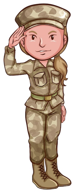 Cartoon female soldier in camouflage uniform saluting with right hand, smiling, long hair in ponytail.
