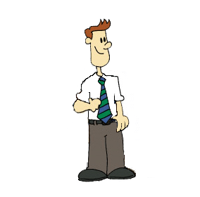 Cartoon man with spiky brown hair, white shirt, green-and-blue striped tie, and brown pants, smiling confidently.