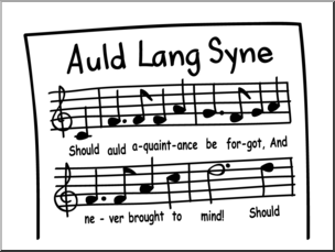 Sheet music for "Auld Lang Syne" with melody line and lyrics, hand-drawn style.