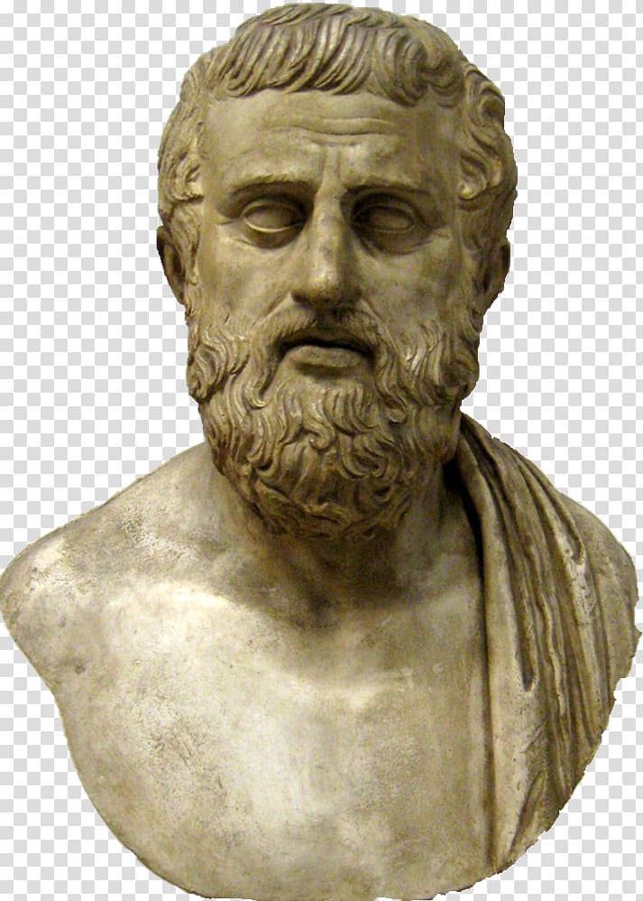 Ancient marble bust of a bearded Greek philosopher, likely Aristotle, with detailed hair and draped garment.