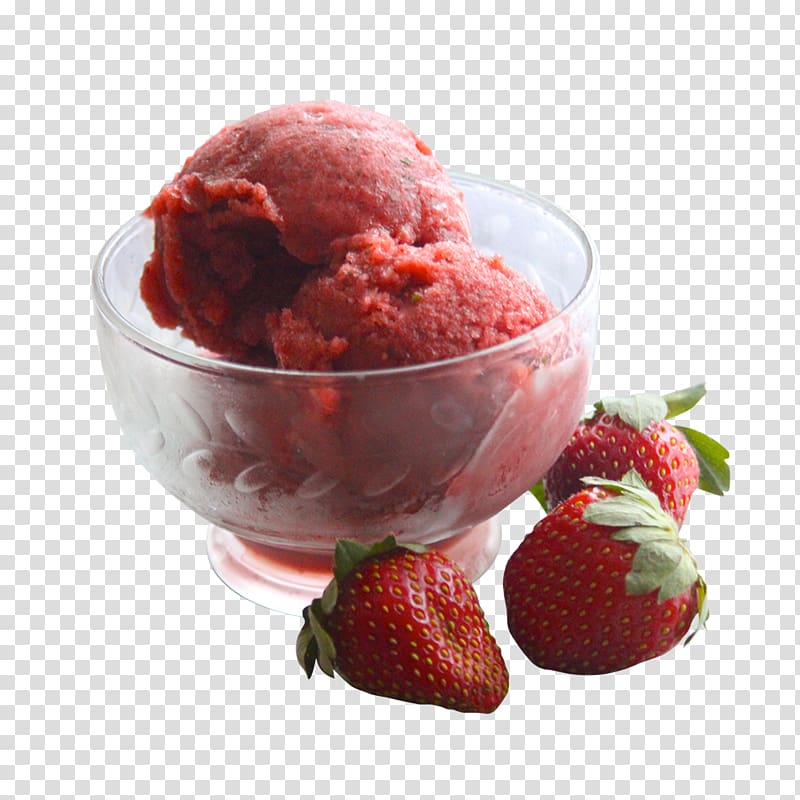 A glass bowl of vibrant red strawberry sorbet with three fresh strawberries beside it on a transparent background.