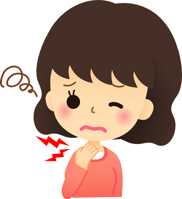 Young girl clutching chest with red lightning bolts, showing symptoms of chest pain or discomfort.