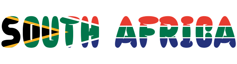 "SOUTH AFRICA" text styled with the colors and pattern of the South African national flag on a muted teal background.