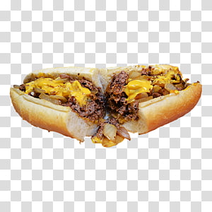 A halved cheesesteak sandwich with melted yellow cheese, grilled onions, and thinly sliced beef on a soft roll.