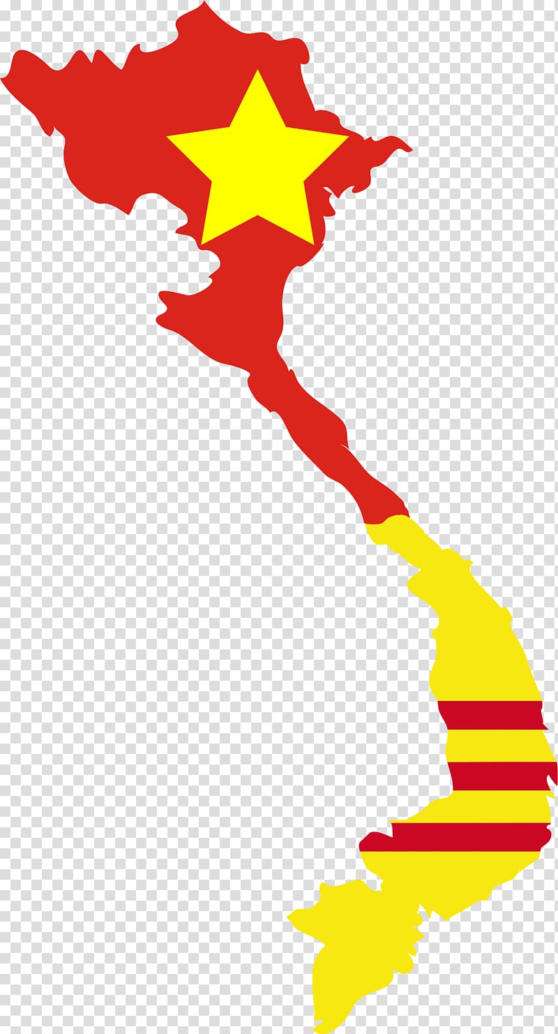 Map of Vietnam split into two halves: North with red background and yellow star (current flag), South with yellow background and three red stripes (former flag).