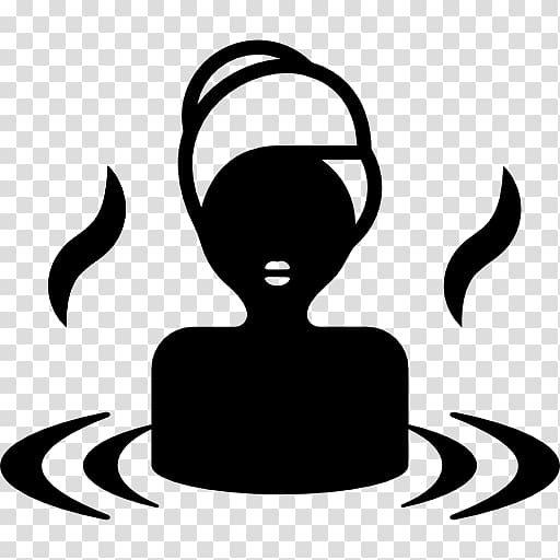 Silhouette of a person in hot water with steam rising, suggesting a hot bath or spa experience.